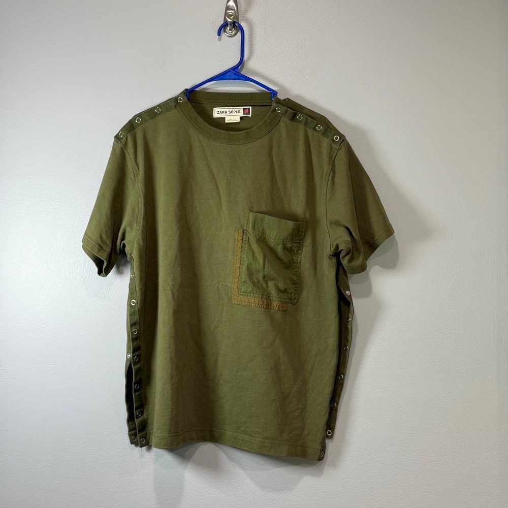 Zara SRPLS Olive Green Snap Button Military Pocket T-Shirt Mens XL Portugal